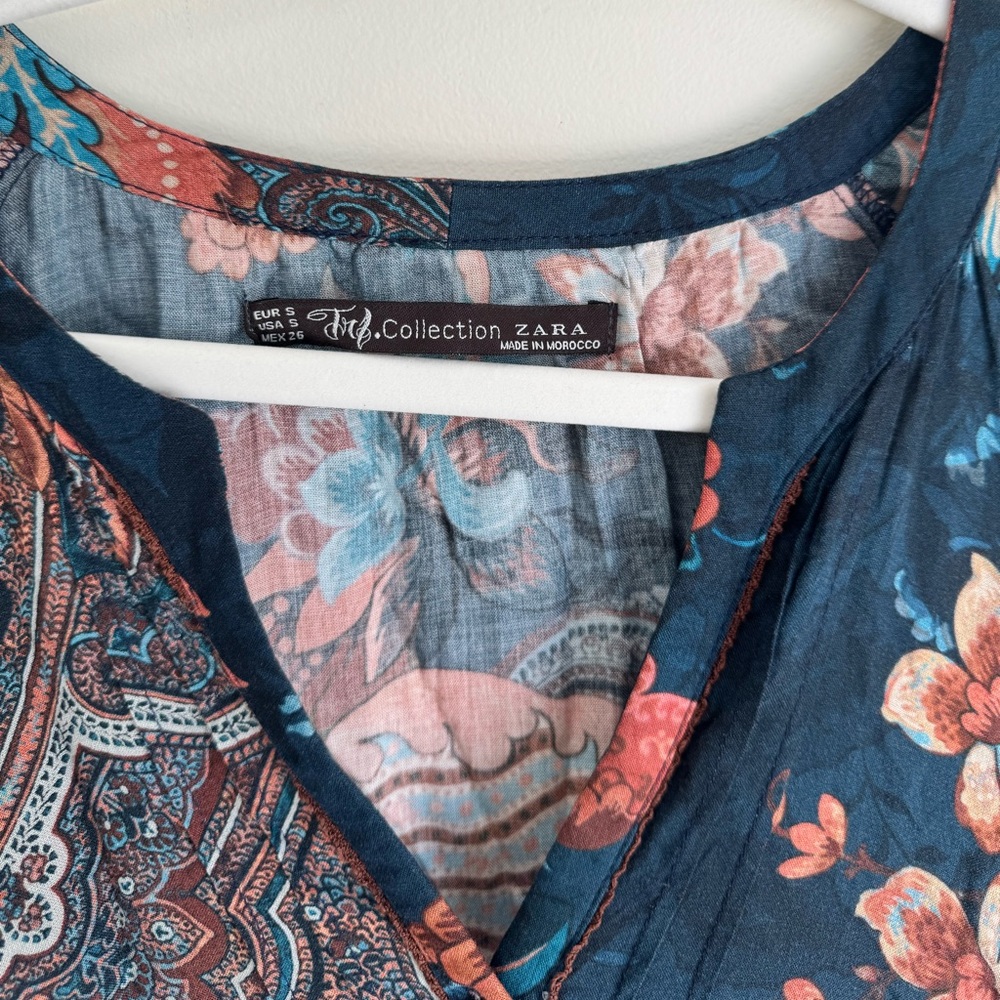 ZARA TRF Boho Floral Paisley Mini Dress Size Small Navy Multicolor - Picture 3 of 8